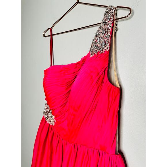 ASHLEYLAUREN Hot Pink Pleated Crystal Pearl Beaded One Shoulder Gown Size 8 - Picture 15 of 15